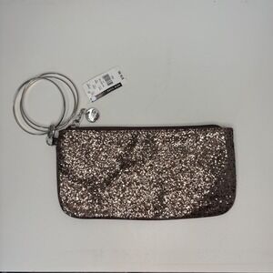 New York & Company Brown Gold Glitter Wristlet Clutch Bag Triple Ring Handle NEW